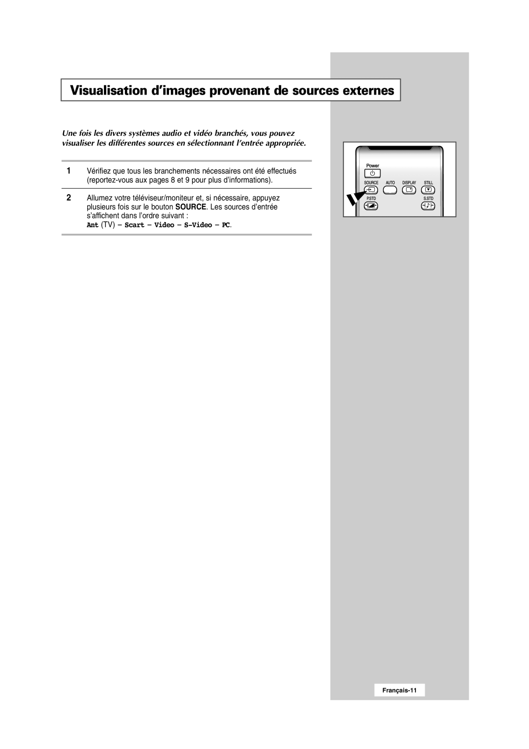 Samsung RS24ASSSW/EDC manual Visualisation d’images provenant de sources externes, Ant TV Scart Video S-Video PC 