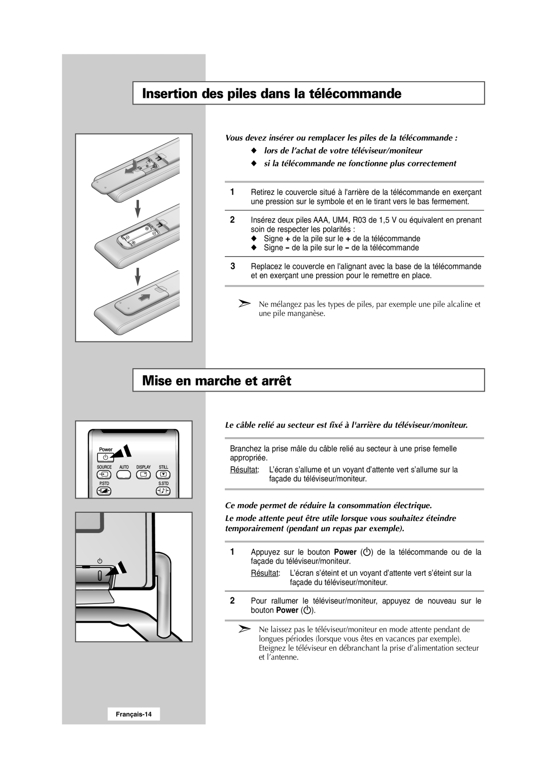 Samsung RS24ASSSW/EDC manual Insertion des piles dans la télécommande, Mise en marche et arrêt 