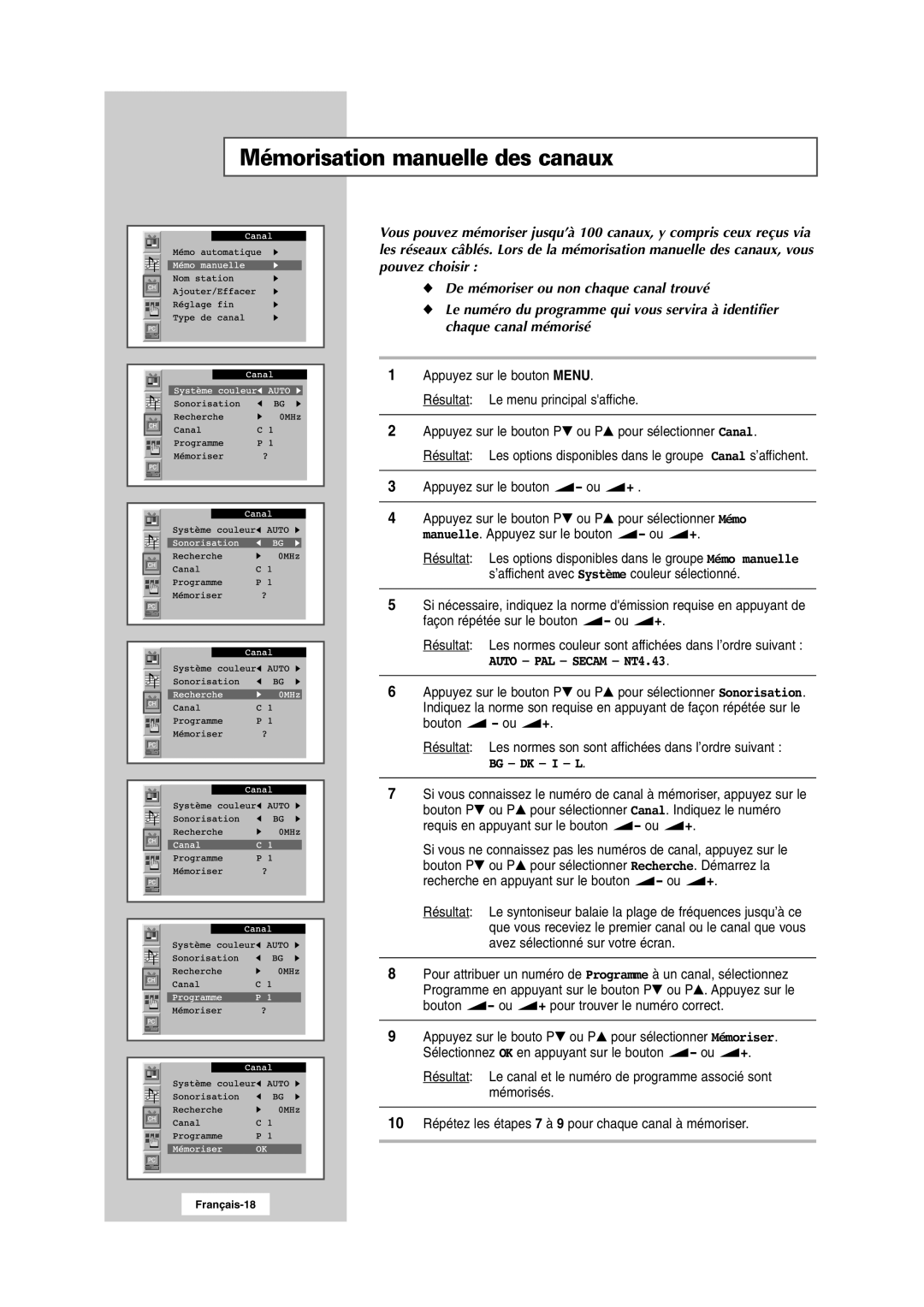 Samsung RS24ASSSW/EDC manual Mémorisation manuelle des canaux, Auto PAL Secam NT4.43, Bg Dk I L 