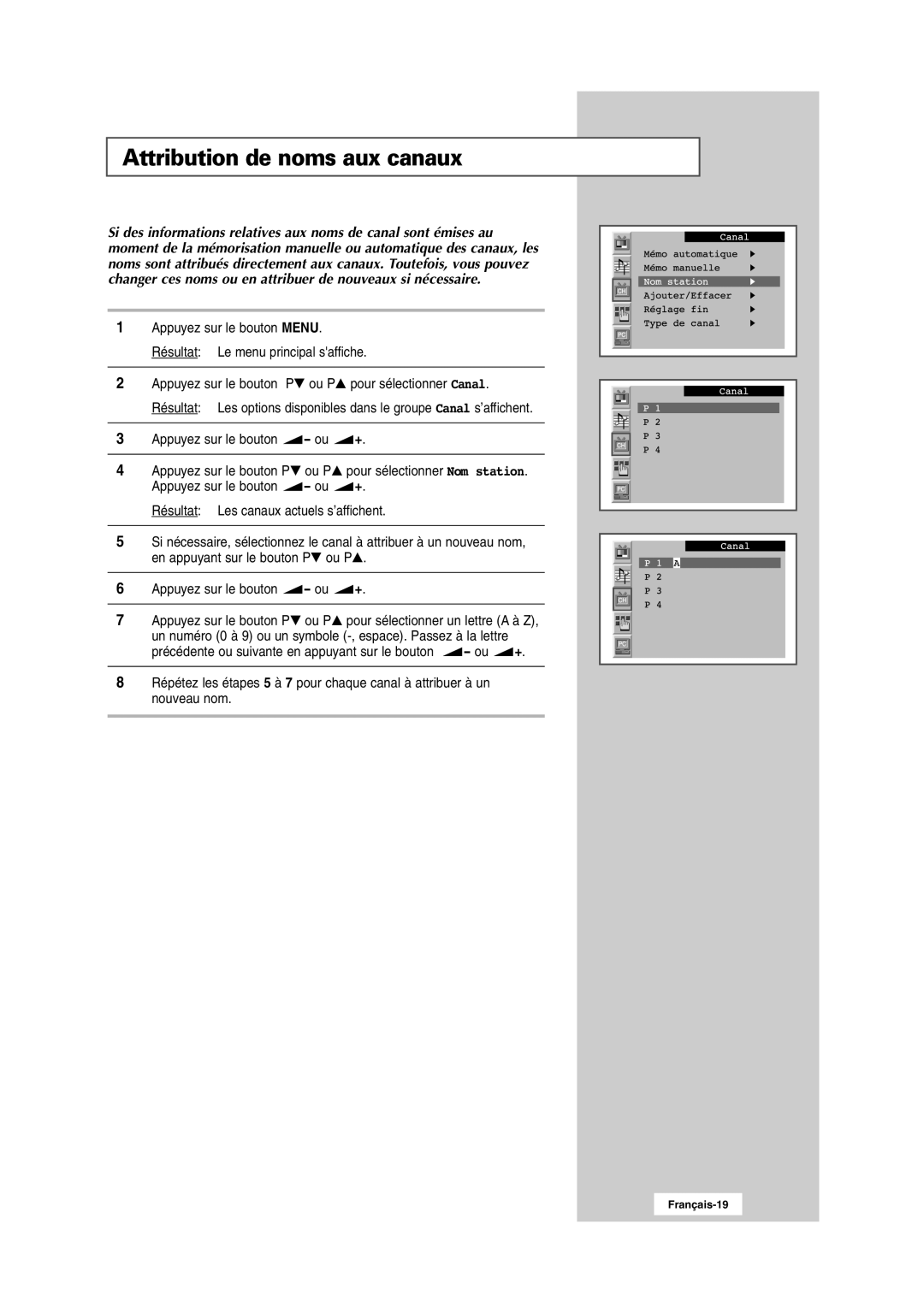 Samsung RS24ASSSW/EDC manual Attribution de noms aux canaux 