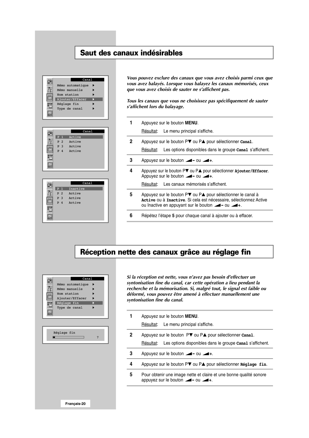 Samsung RS24ASSSW/EDC manual Saut des canaux indésirables, Réception nette des canaux grâce au réglage fin 