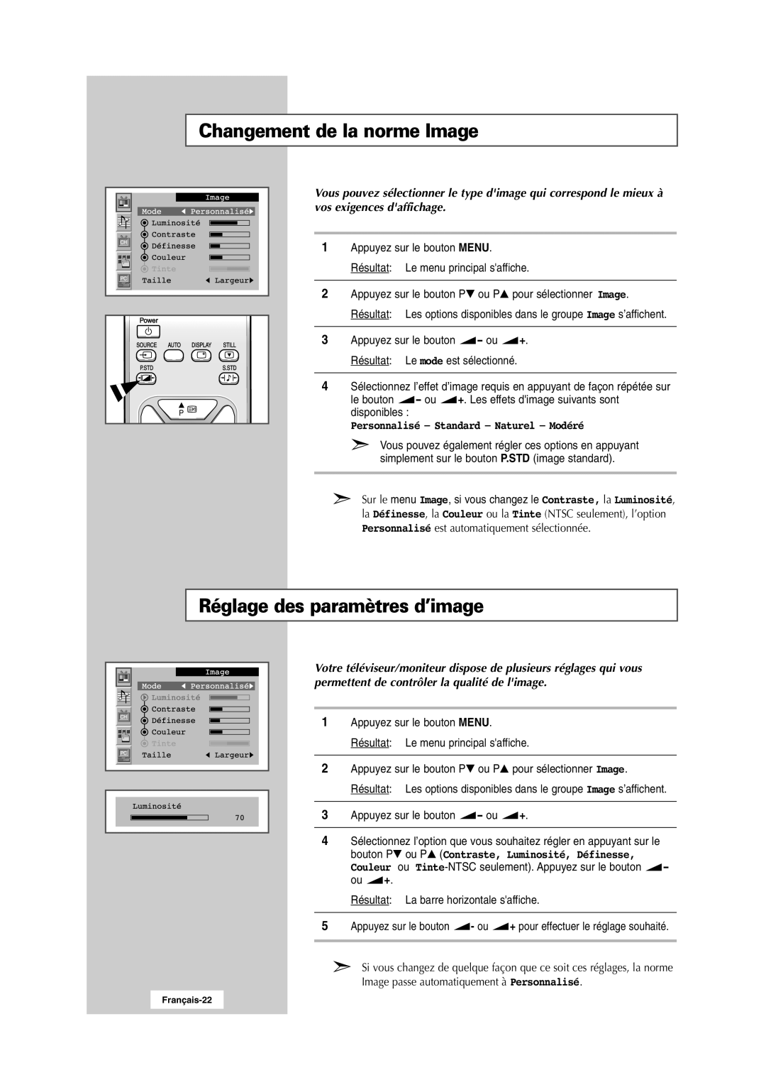 Samsung RS24ASSSW/EDC Changement de la norme Image, Réglage des paramètres d’image, Personnalisé Standard Naturel Modéré 