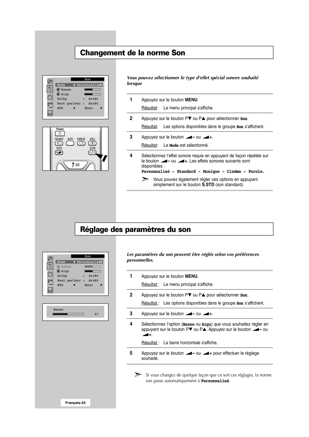 Samsung RS24ASSSW/EDC manual Changement de la norme Son, Réglage des paramètres du son 