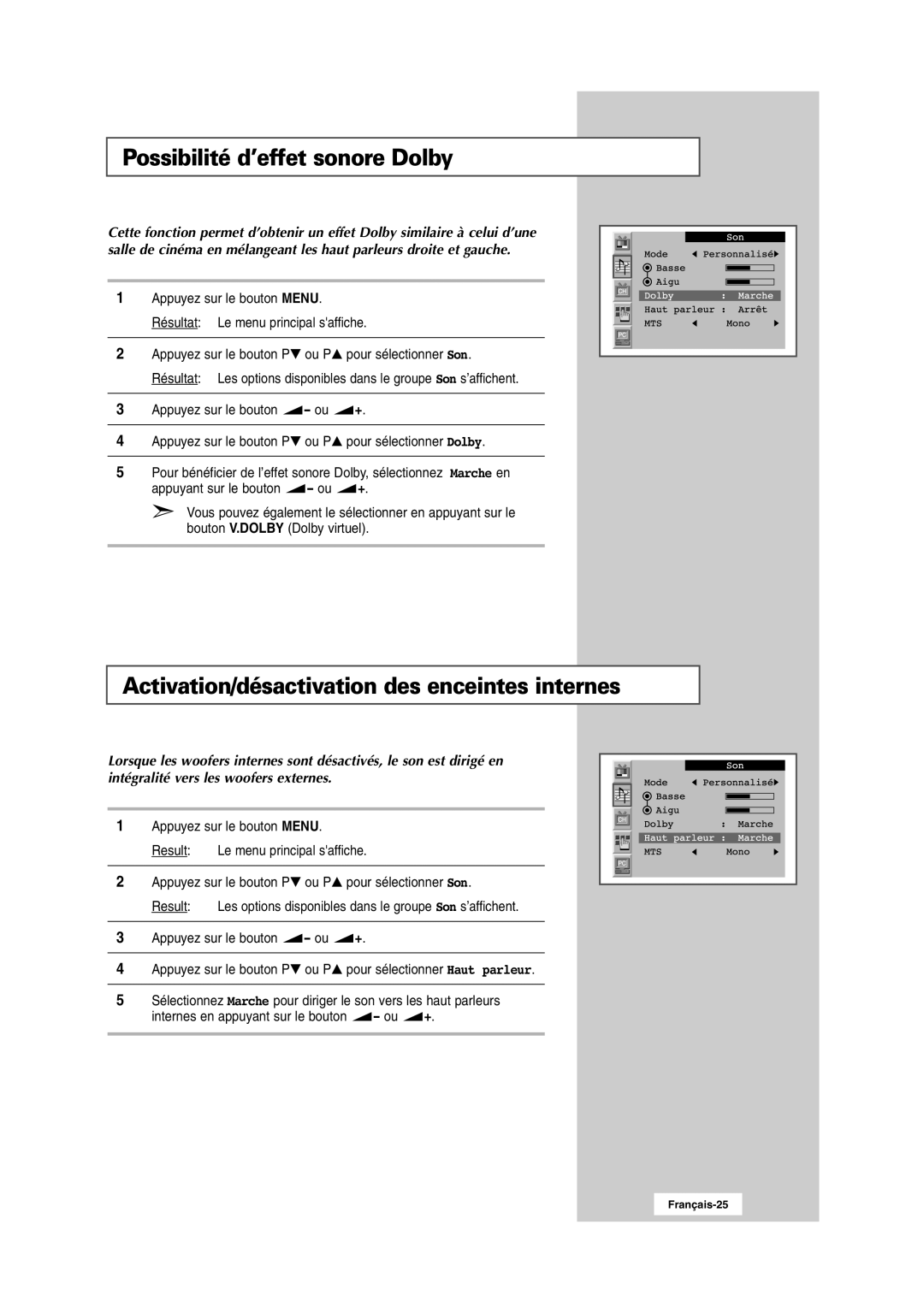 Samsung RS24ASSSW/EDC manual Possibilité d’effet sonore Dolby, Activation/désactivation des enceintes internes 