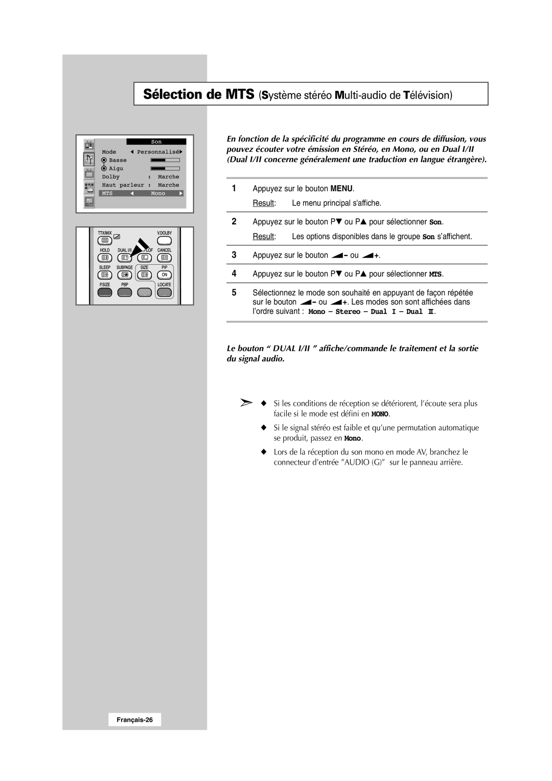 Samsung RS24ASSSW/EDC manual Sélection de MTS Système stéréo Multi-audio de Télévision 