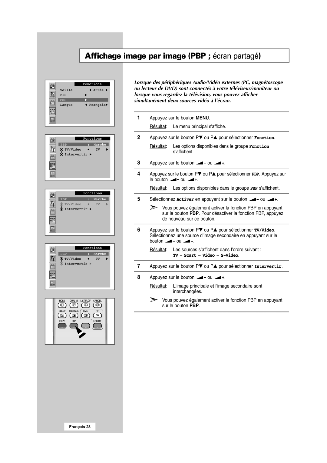 Samsung RS24ASSSW/EDC manual Affichage image par image PBP écran partagé 