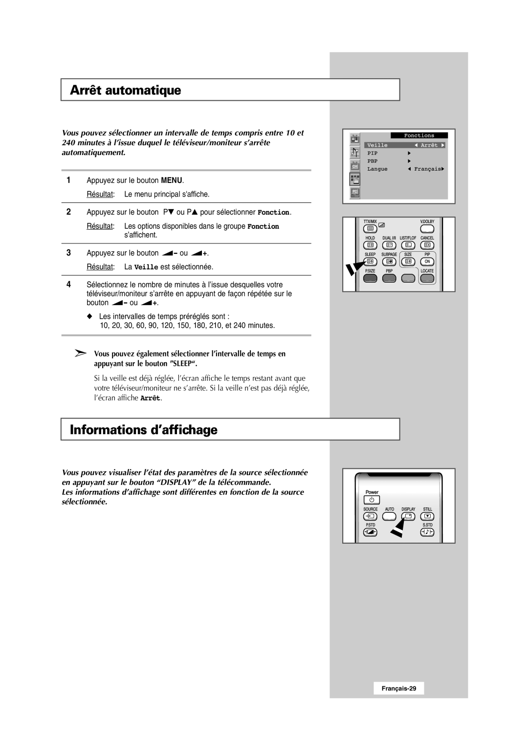 Samsung RS24ASSSW/EDC manual Arrêt automatique, Informations d’affichage 