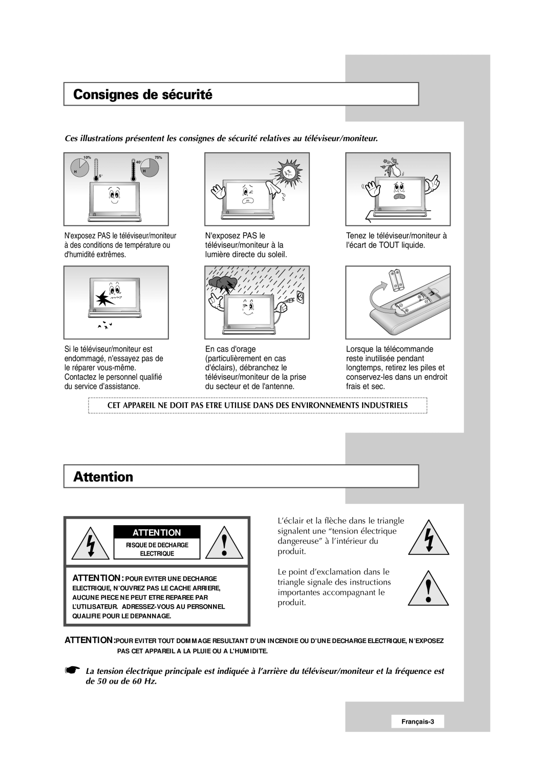 Samsung RS24ASSSW/EDC manual Consignes de sécurité, Nexposez PAS le téléviseur/moniteur 