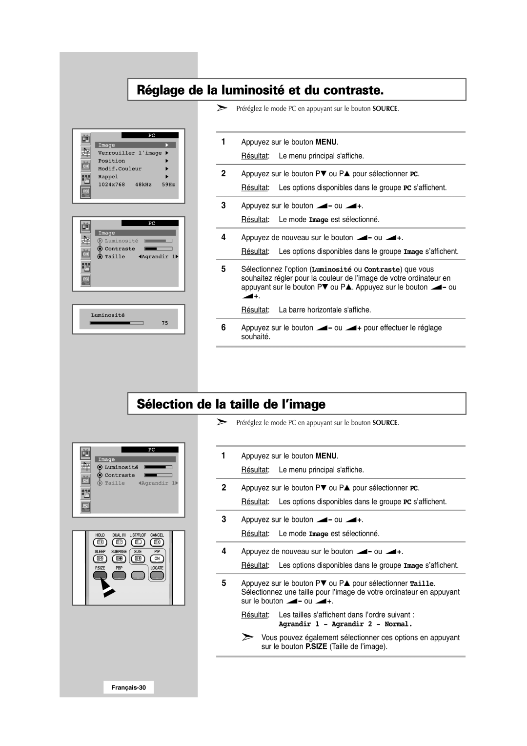 Samsung RS24ASSSW/EDC manual Réglage de la luminosité et du contraste, Sélection de la taille de l’image 