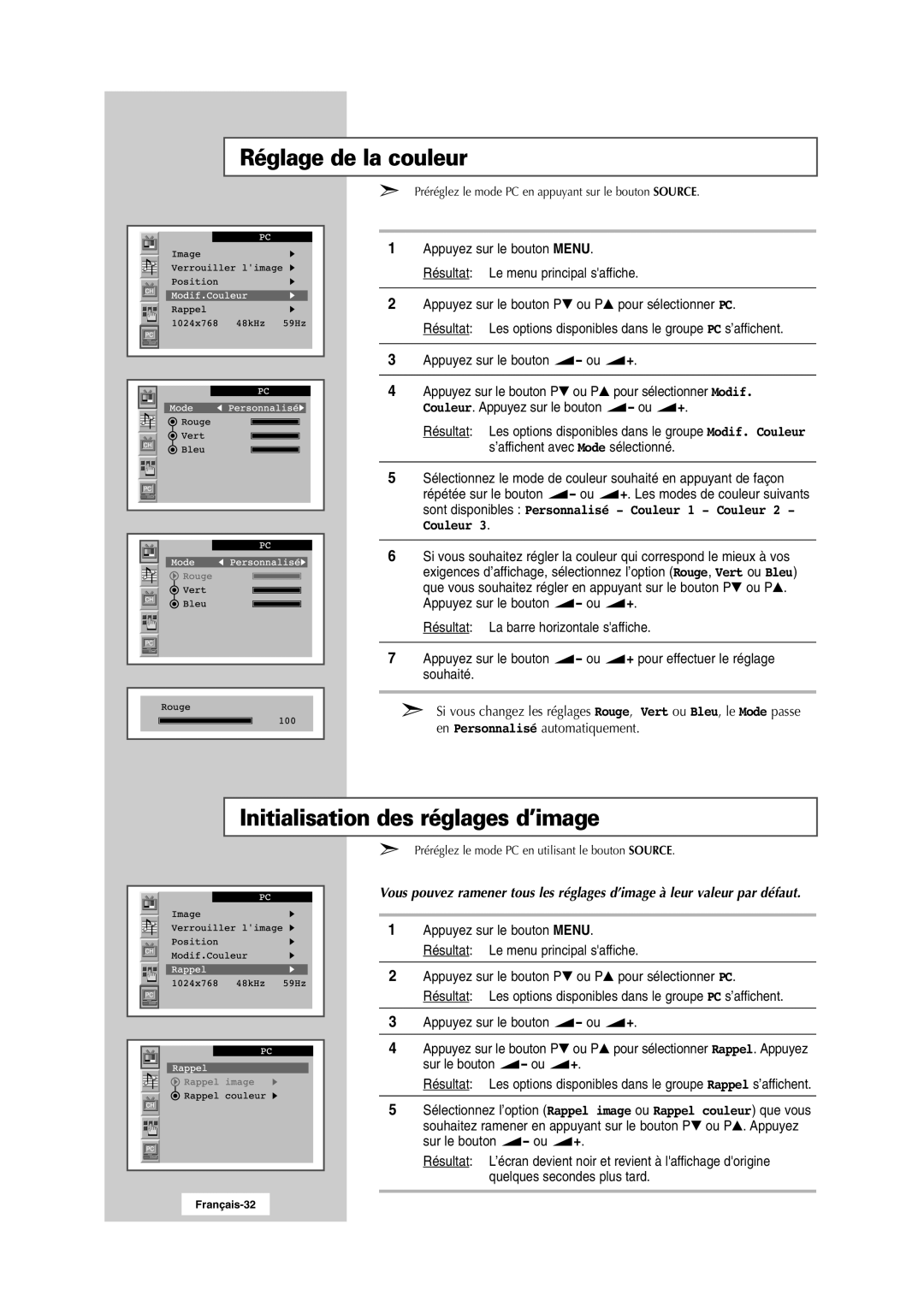 Samsung RS24ASSSW/EDC manual Réglage de la couleur, Initialisation des réglages d’image 