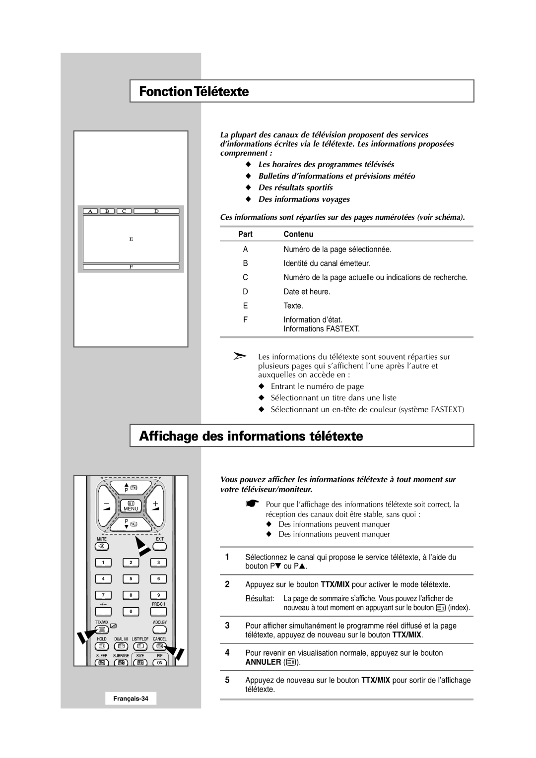 Samsung RS24ASSSW/EDC FonctionTélétexte, Affichage des informations télétexte, Contenu, Numéro de la page sélectionnée 