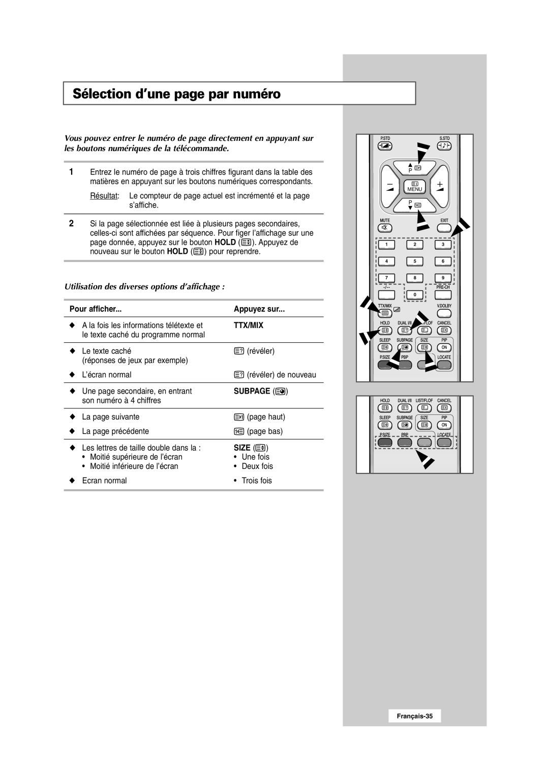 Samsung RS24ASSSW/EDC Sélection d’une page par numéro, Pour afficher Appuyez sur, La fois les informations télétexte et 