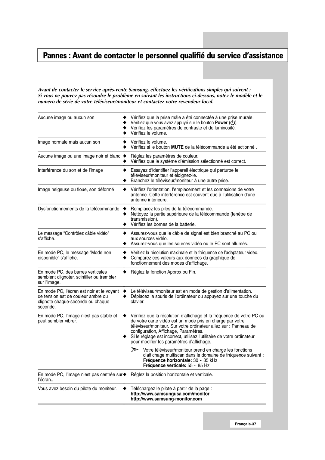 Samsung RS24ASSSW/EDC manual Fréquence verticale 55 ~ 85 Hz 