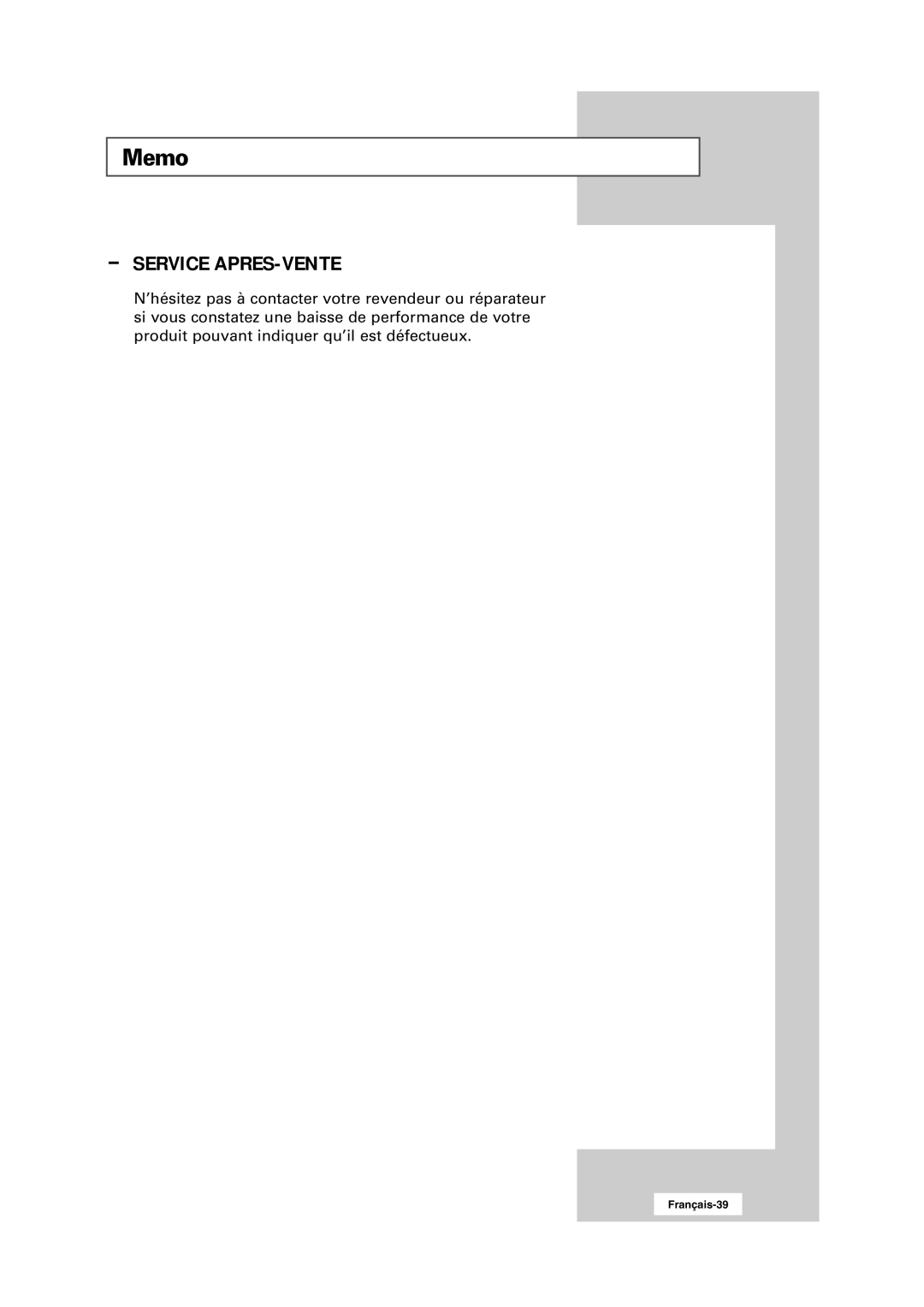 Samsung RS24ASSSW/EDC manual Memo, Service APRES-VENTE 