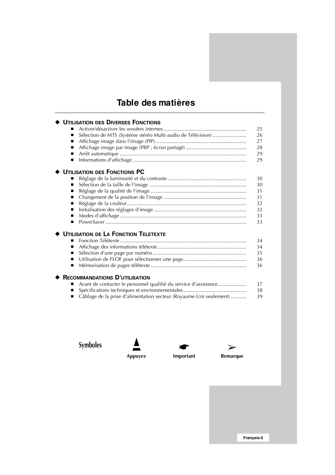 Samsung RS24ASSSW/EDC manual Symboles 