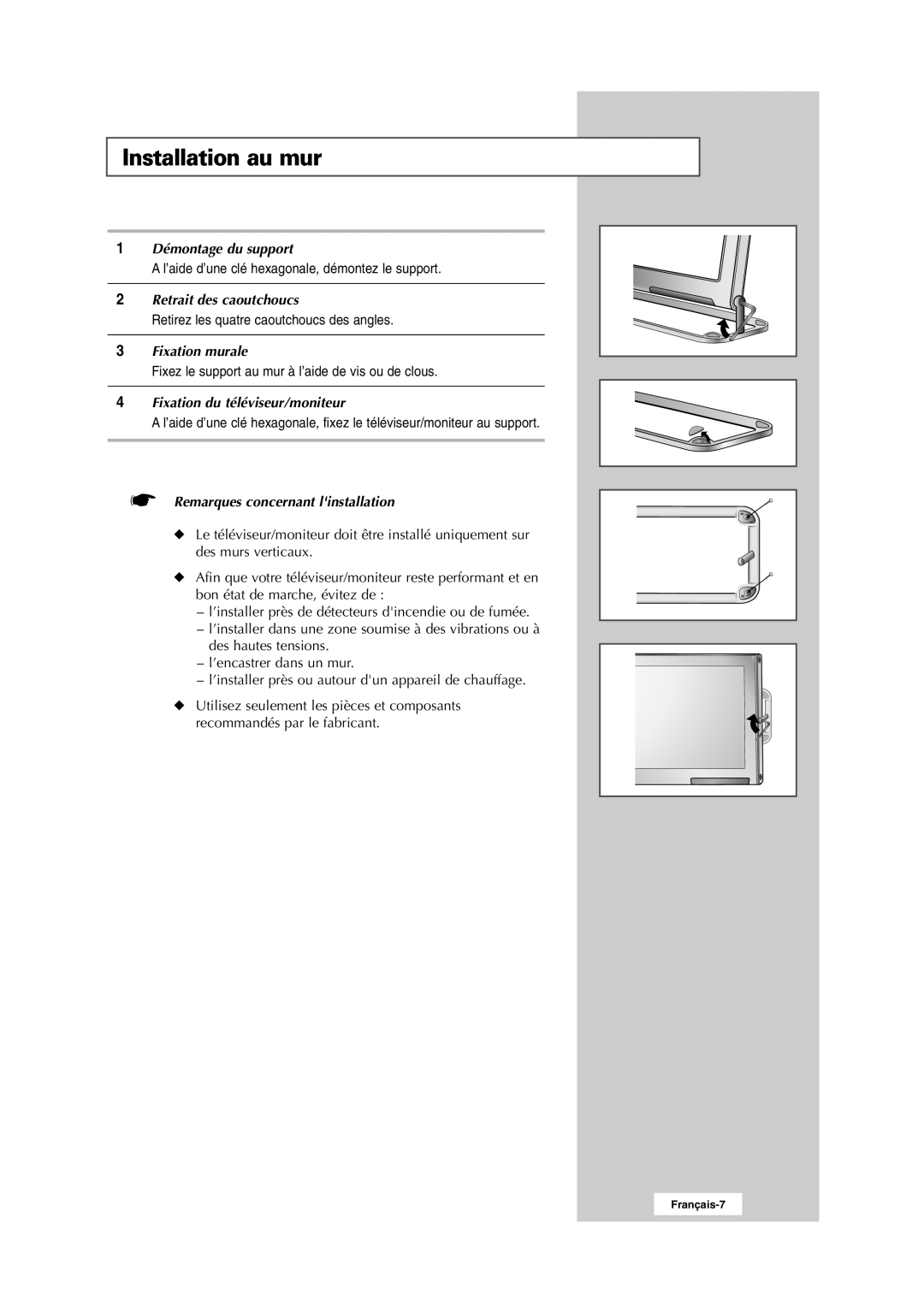 Samsung RS24ASSSW/EDC manual Installation au mur, ’aide d’une clé hexagonale, démontez le support 