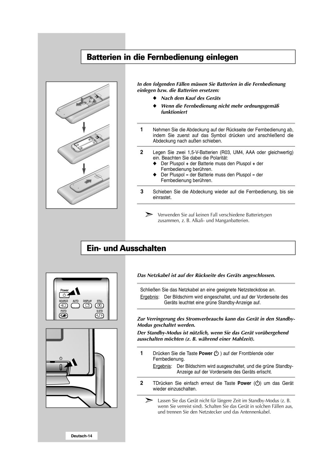 Samsung RS24ASSSW/EDC manual Batterien in die Fernbedienung einlegen, Ein- und Ausschalten 