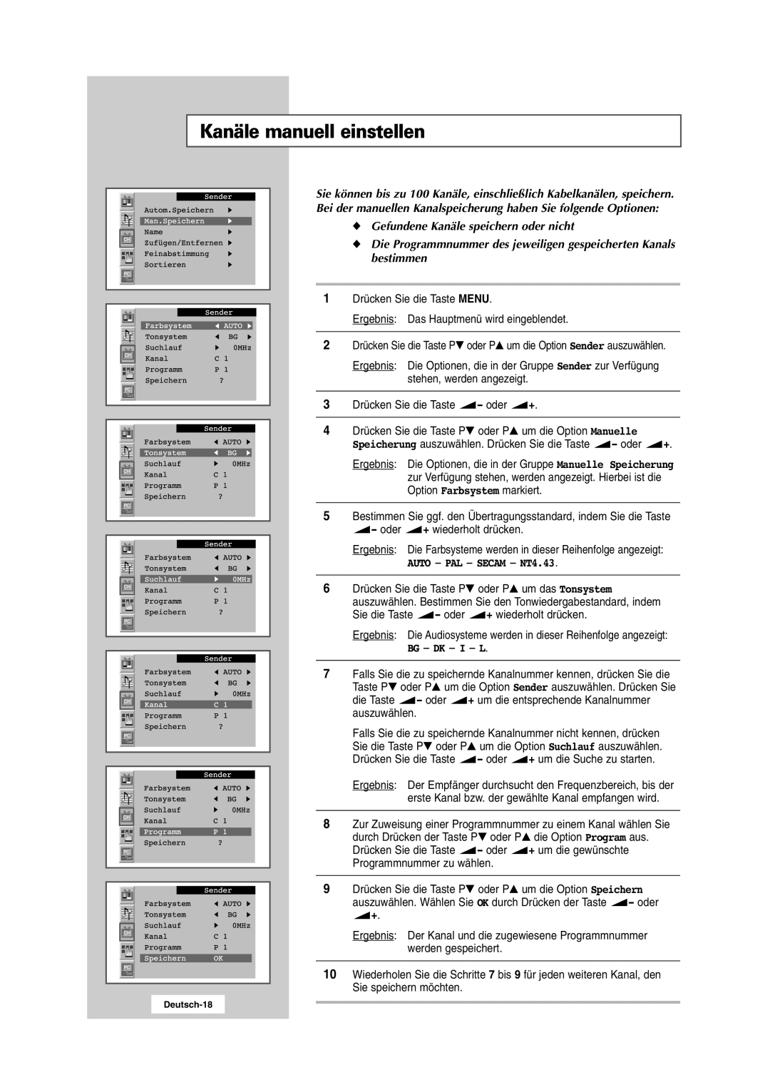 Samsung RS24ASSSW/EDC manual Kanäle manuell einstellen, Auto PAL Secam NT4.43, Bg Dk I L 