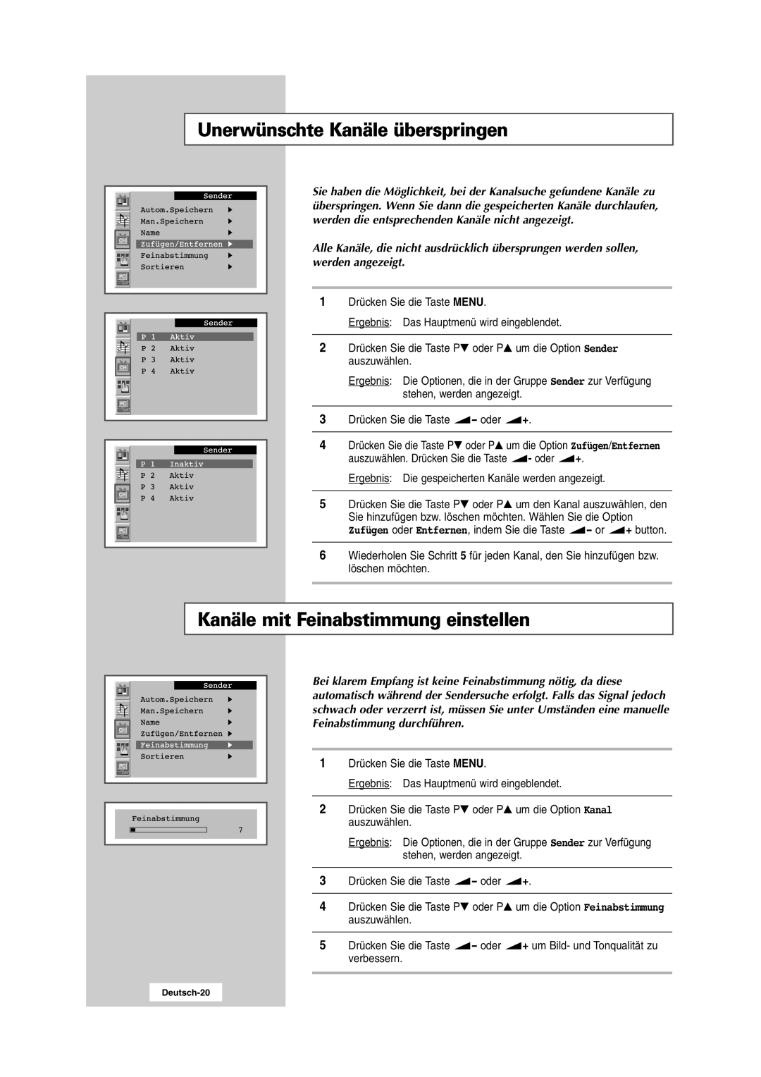 Samsung RS24ASSSW/EDC manual Unerwünschte Kanäle überspringen, Kanäle mit Feinabstimmung einstellen 