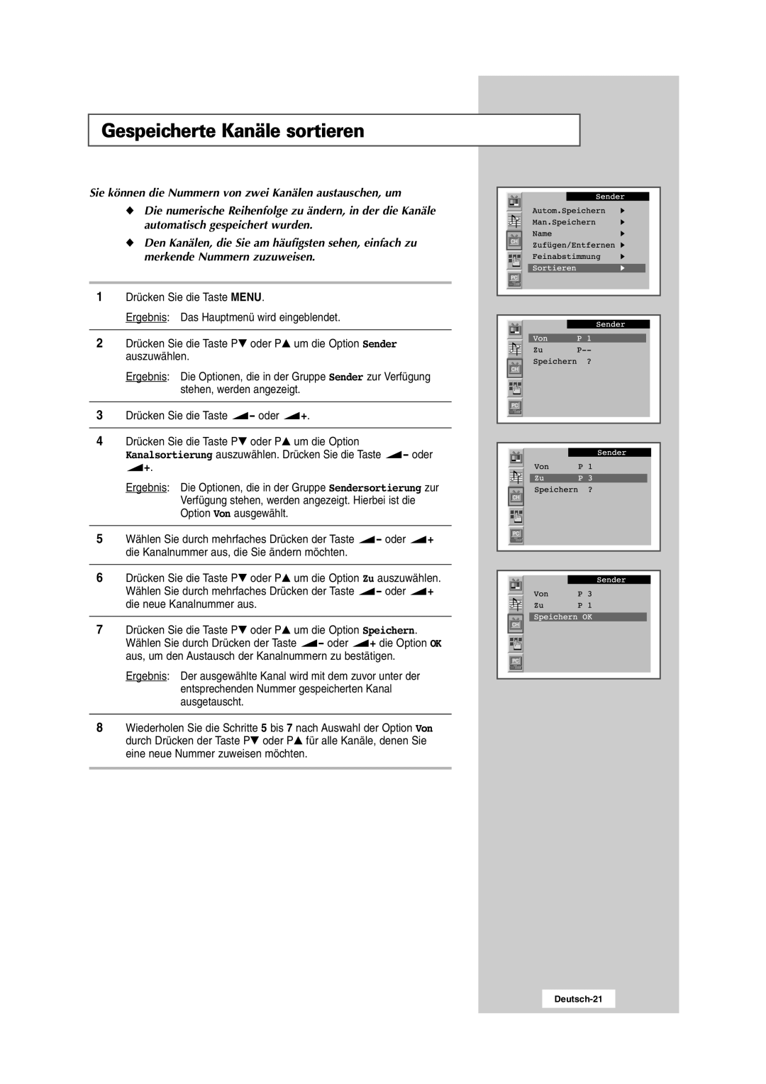 Samsung RS24ASSSW/EDC manual Gespeicherte Kanäle sortieren 