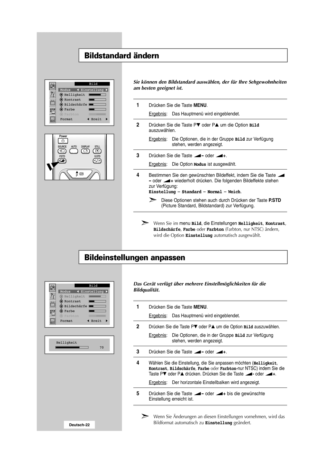 Samsung RS24ASSSW/EDC manual Bildstandard ändern, Bildeinstellungen anpassen, Einstellung Standard Normal Weich 