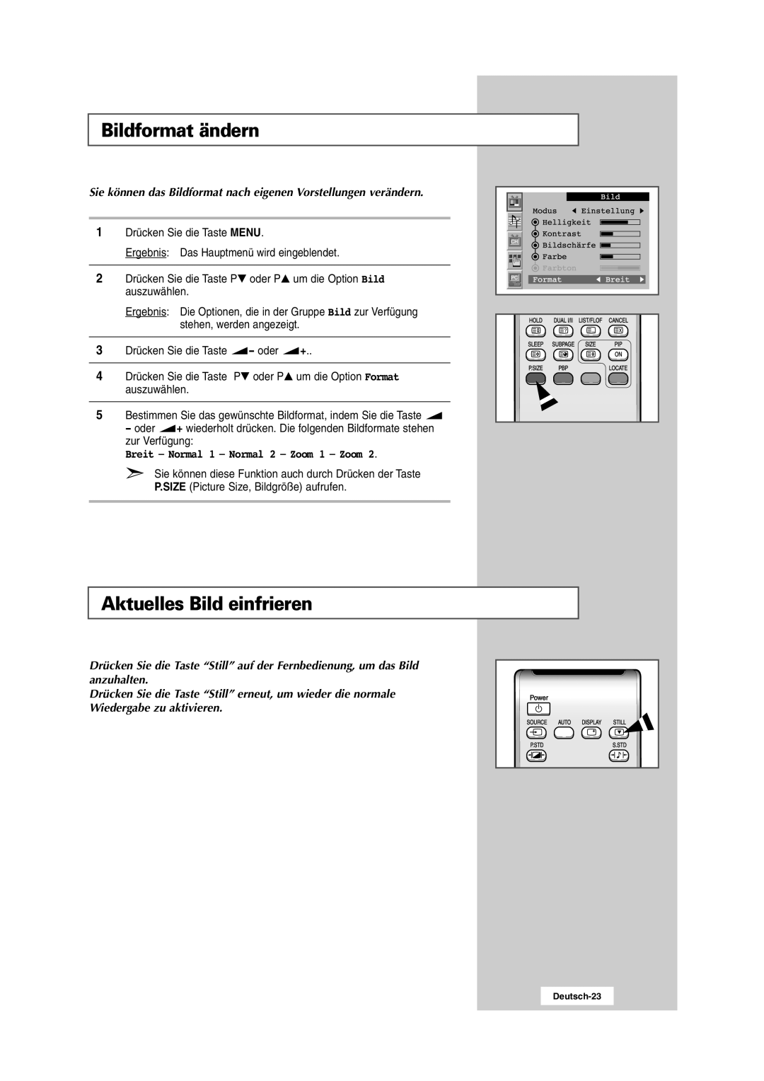 Samsung RS24ASSSW/EDC manual Bildformat ändern, Aktuelles Bild einfrieren, Breit Normal 1 Normal 2 Zoom 1 Zoom 