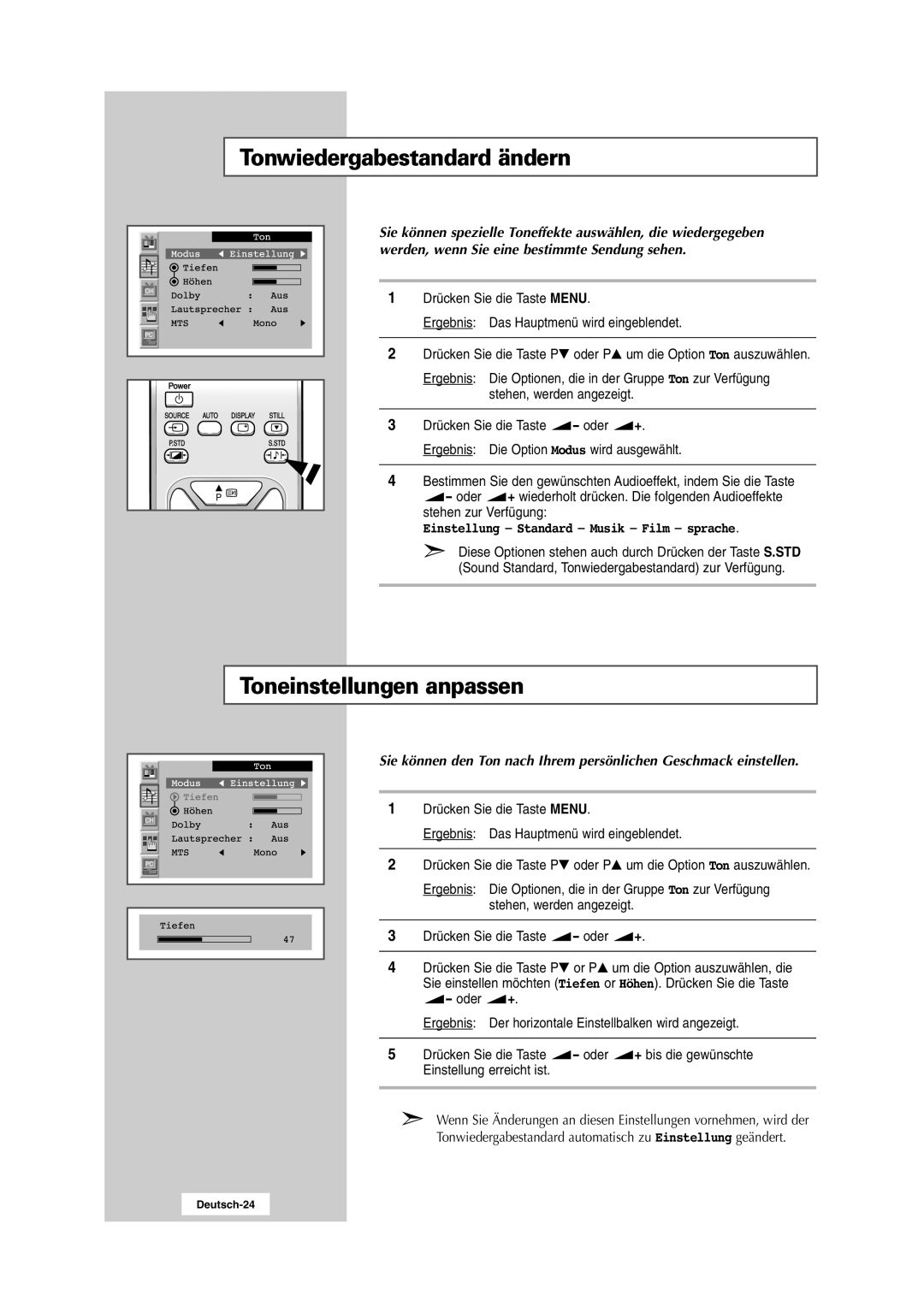 Samsung RS24ASSSW/EDC Tonwiedergabestandard ändern, Toneinstellungen anpassen, Einstellung Standard Musik Film sprache 