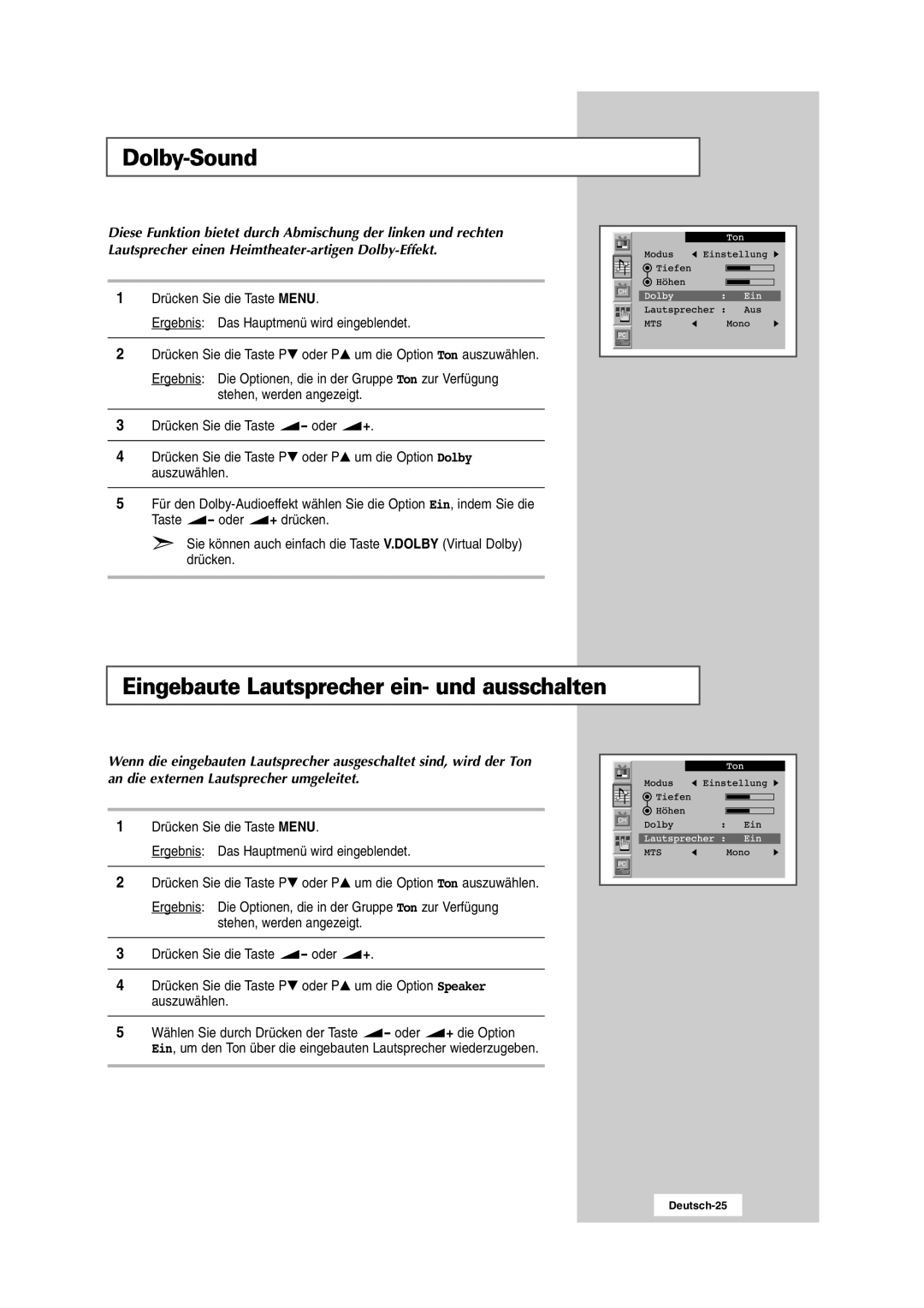 Samsung RS24ASSSW/EDC manual Dolby-Sound, Eingebaute Lautsprecher ein- und ausschalten 