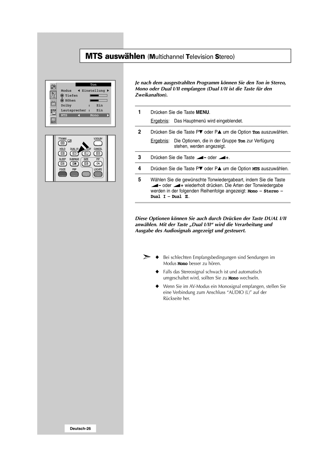 Samsung RS24ASSSW/EDC manual MTS auswählen Multichannel Television Stereo, Dual I Dual 