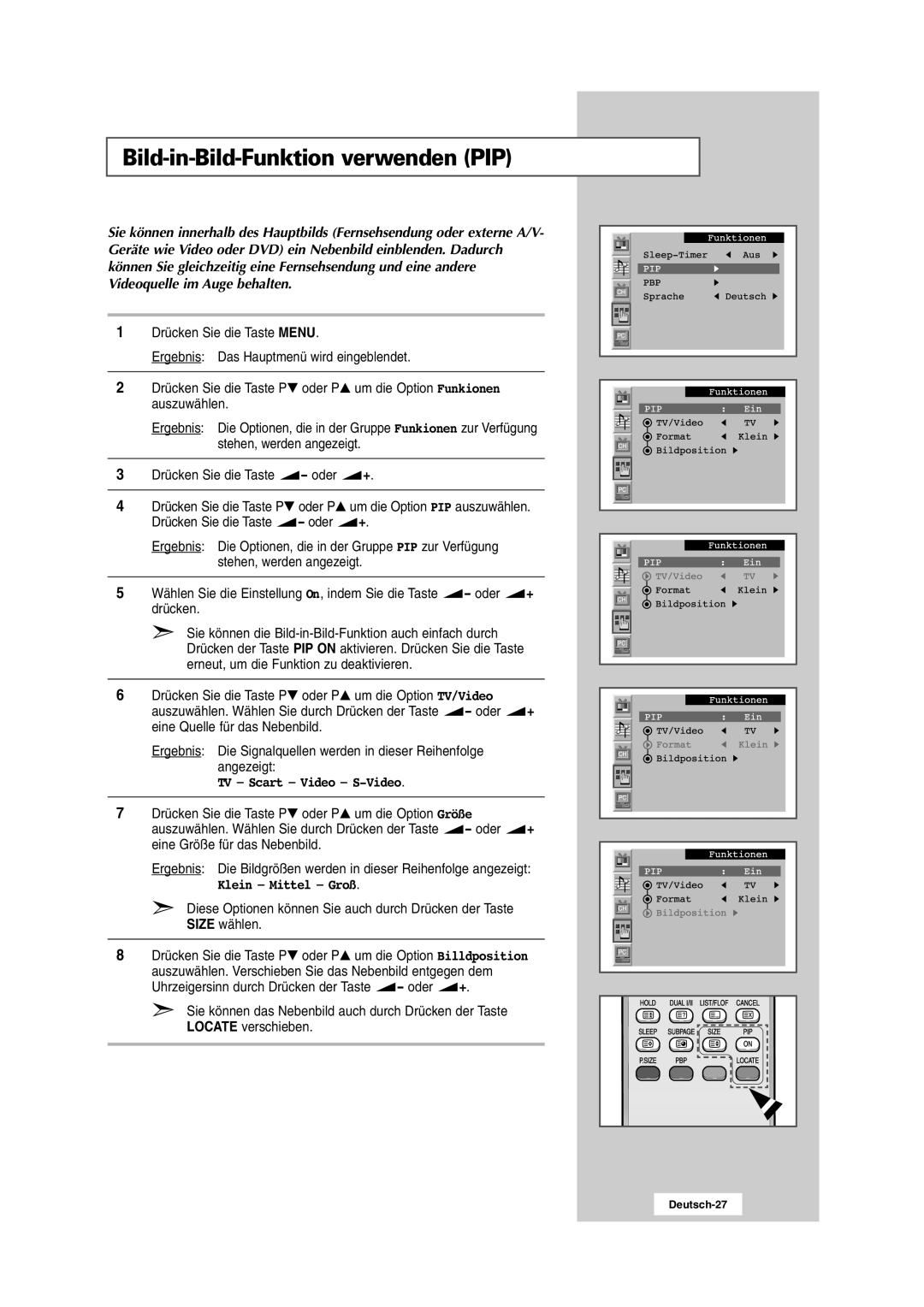 Samsung RS24ASSSW/EDC manual Bild-in-Bild-Funktion verwenden PIP, TV Scart Video S-Video, Klein Mittel Groß 