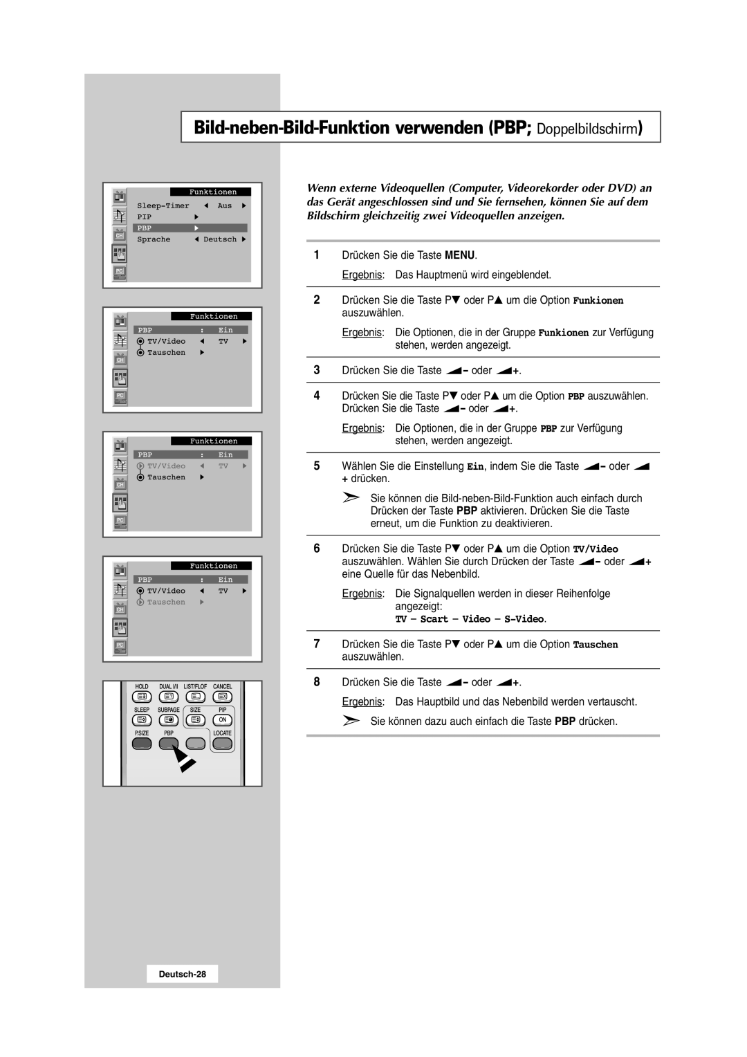 Samsung RS24ASSSW/EDC manual Bild-neben-Bild-Funktion verwenden PBP Doppelbildschirm 