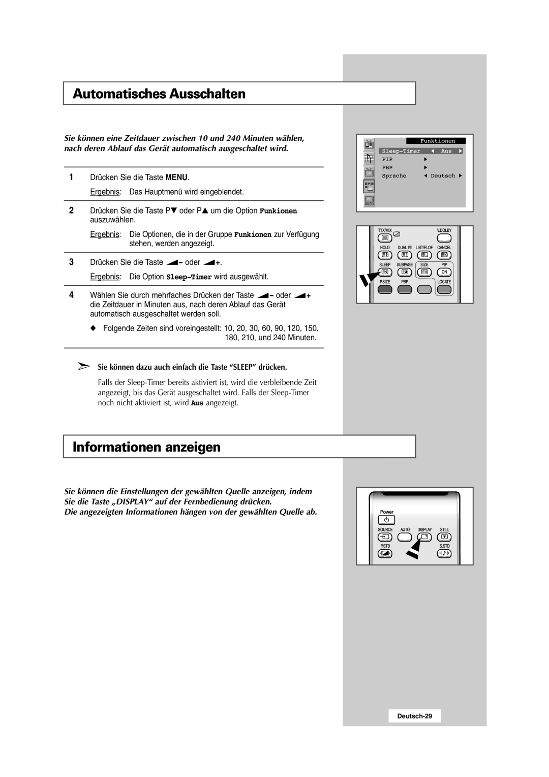 Samsung RS24ASSSW/EDC manual Automatisches Ausschalten, Informationen anzeigen 