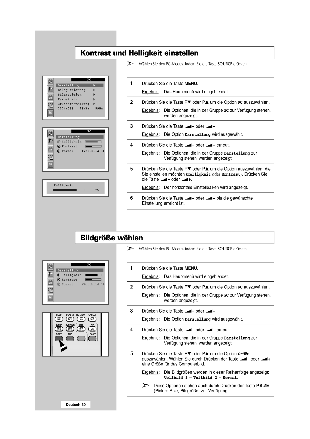 Samsung RS24ASSSW/EDC manual Kontrast und Helligkeit einstellen, Bildgröße wählen, Vollbild 1 Vollbild 2 Normal 