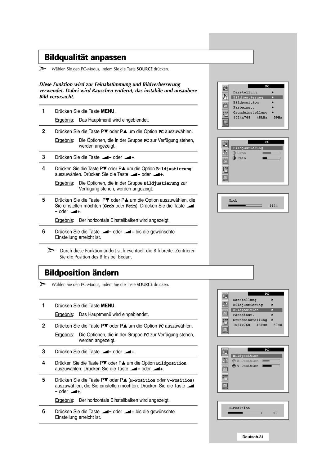 Samsung RS24ASSSW/EDC manual Bildqualität anpassen, Bildposition ändern 