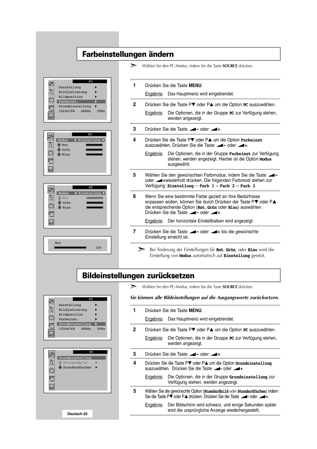 Samsung RS24ASSSW/EDC Farbeinstellungen ändern, Bildeinstellungen zurücksetzen, Verfügung Einstellung Farb 1 Farb 2 Farb 