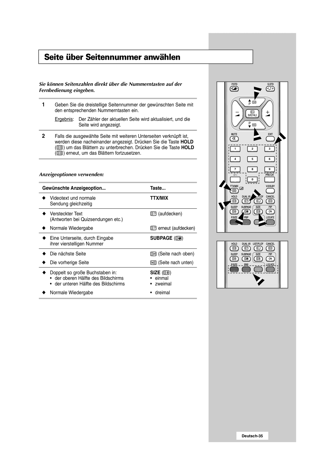 Samsung RS24ASSSW/EDC manual Seite über Seitennummer anwählen, Gewünschte Anzeigeoption Taste 