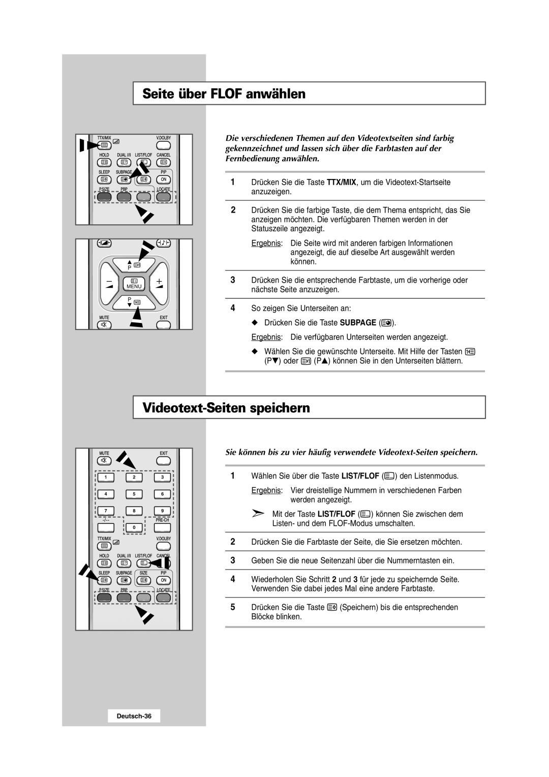 Samsung RS24ASSSW/EDC manual Seite über Flof anwählen, Videotext-Seiten speichern 