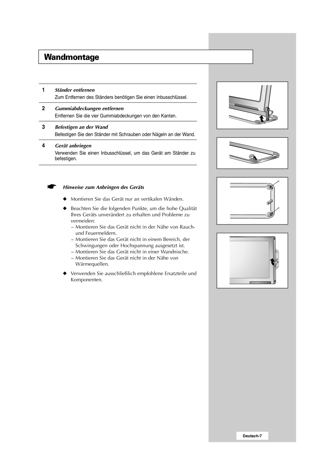 Samsung RS24ASSSW/EDC manual Wandmontage, Hinweise zum Anbringen des Geräts 