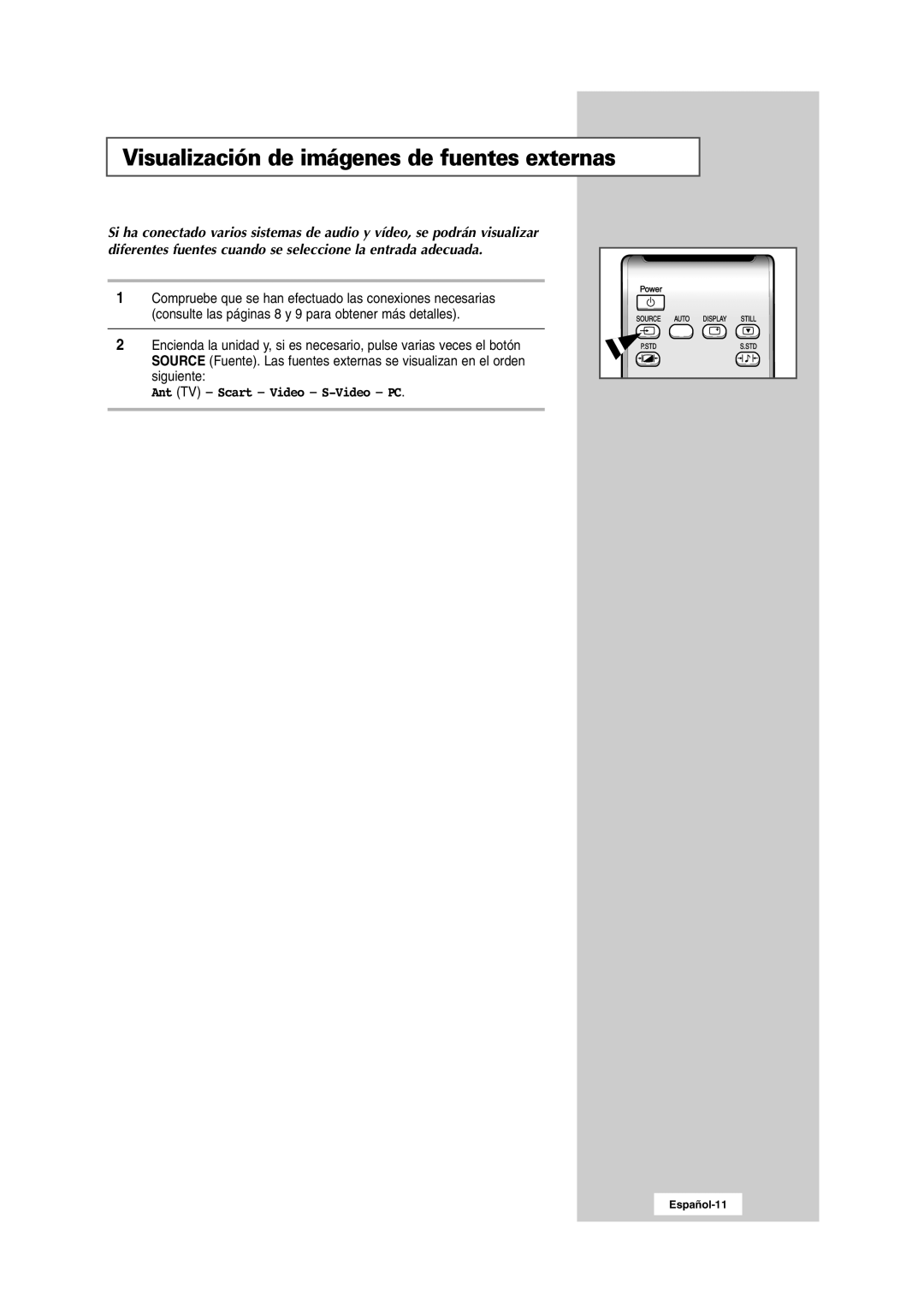 Samsung RS24ASSSW/EDC manual Visualización de imágenes de fuentes externas, Ant TV Scart Video S-Video PC 