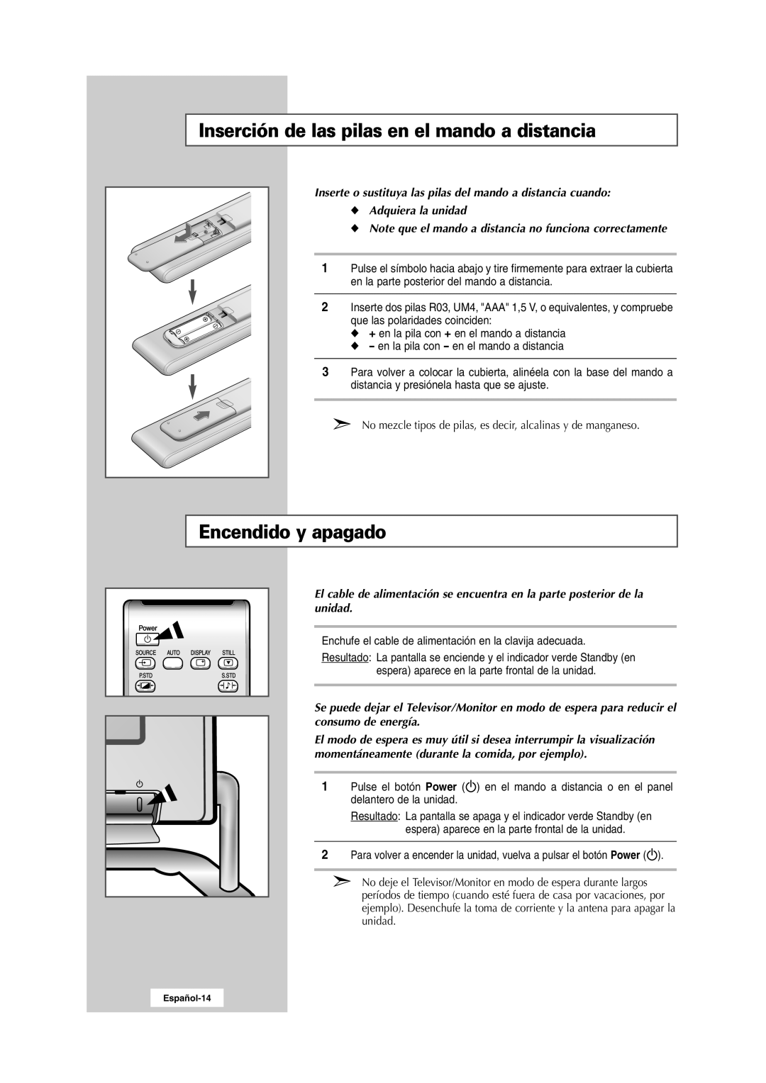 Samsung RS24ASSSW/EDC manual Inserción de las pilas en el mando a distancia, Encendido y apagado 