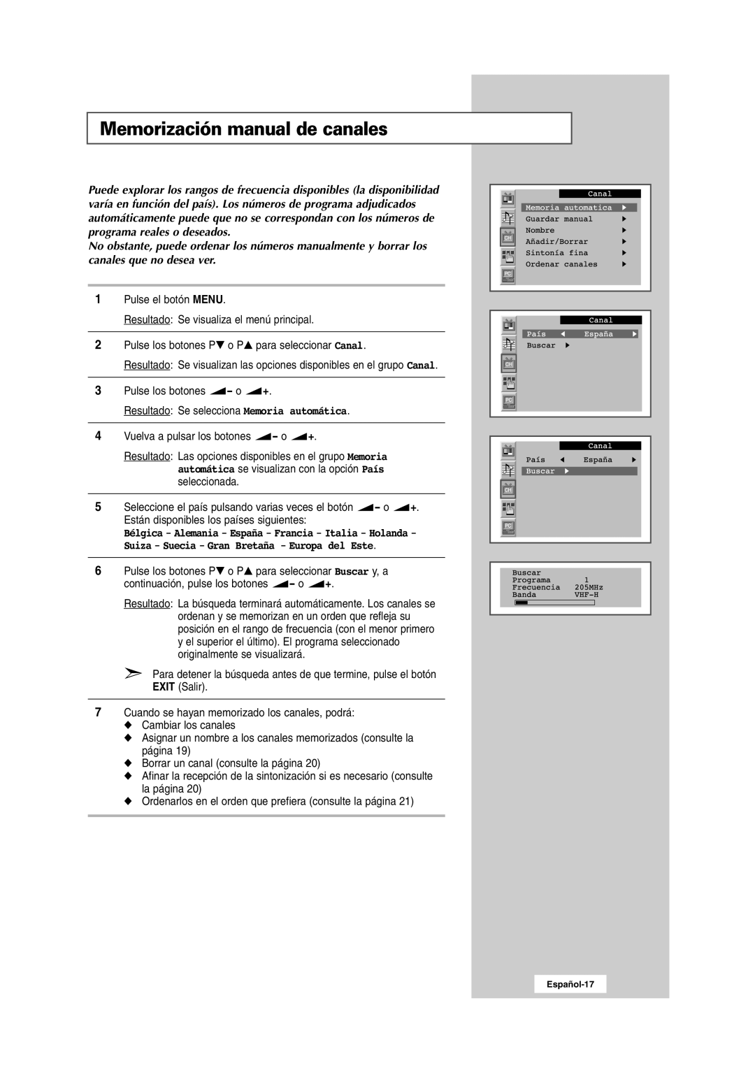 Samsung RS24ASSSW/EDC Memorización manual de canales, Resultado Se selecciona Memoria automática 