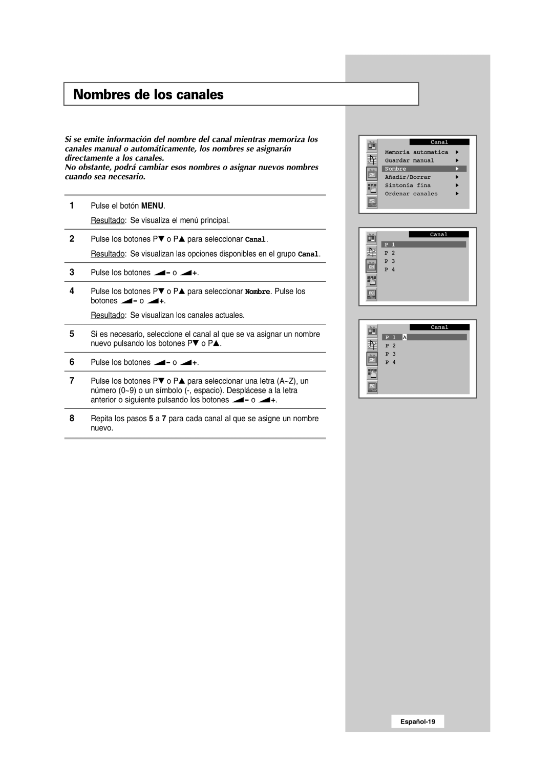 Samsung RS24ASSSW/EDC manual Nombres de los canales 