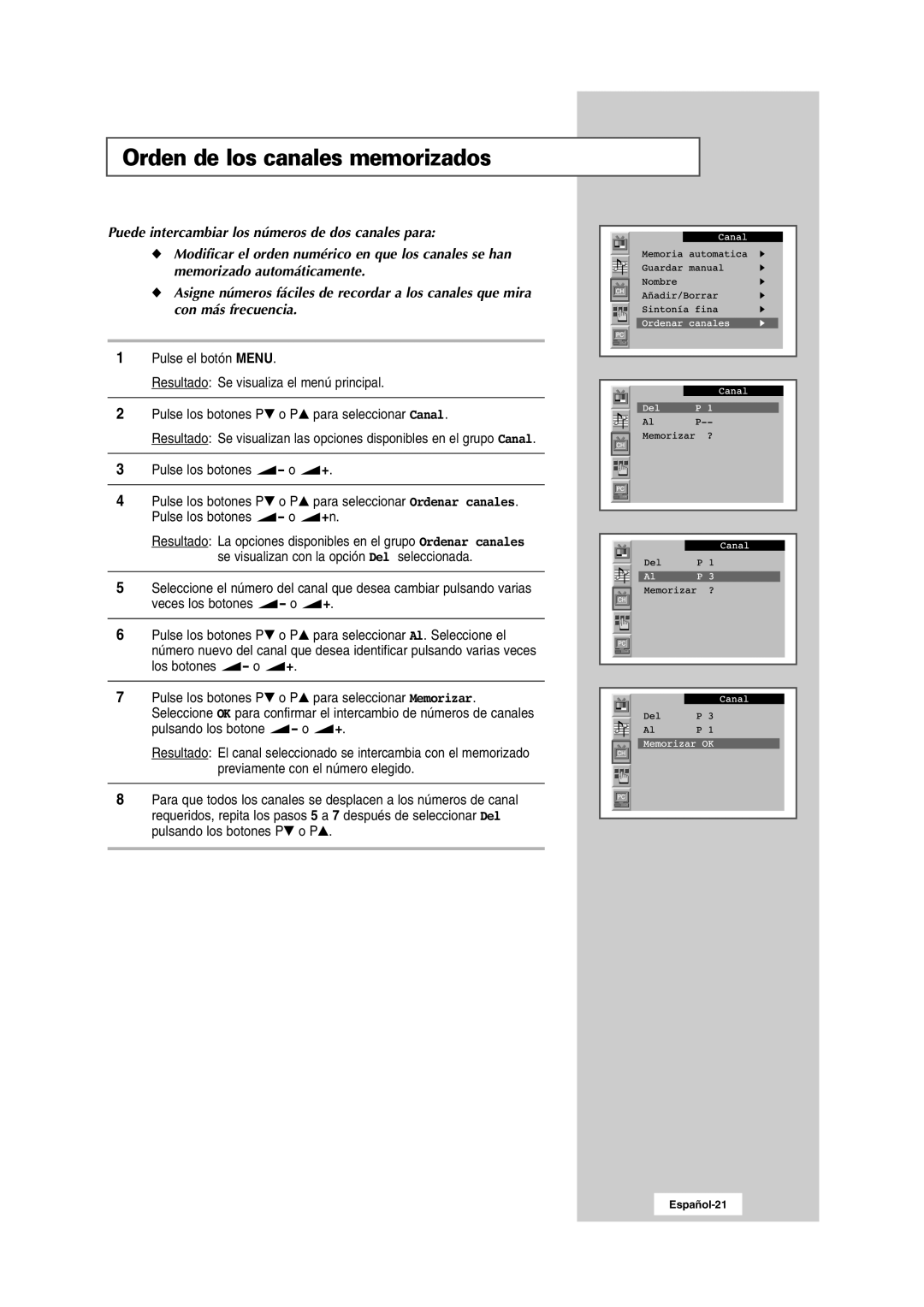 Samsung RS24ASSSW/EDC manual Orden de los canales memorizados 