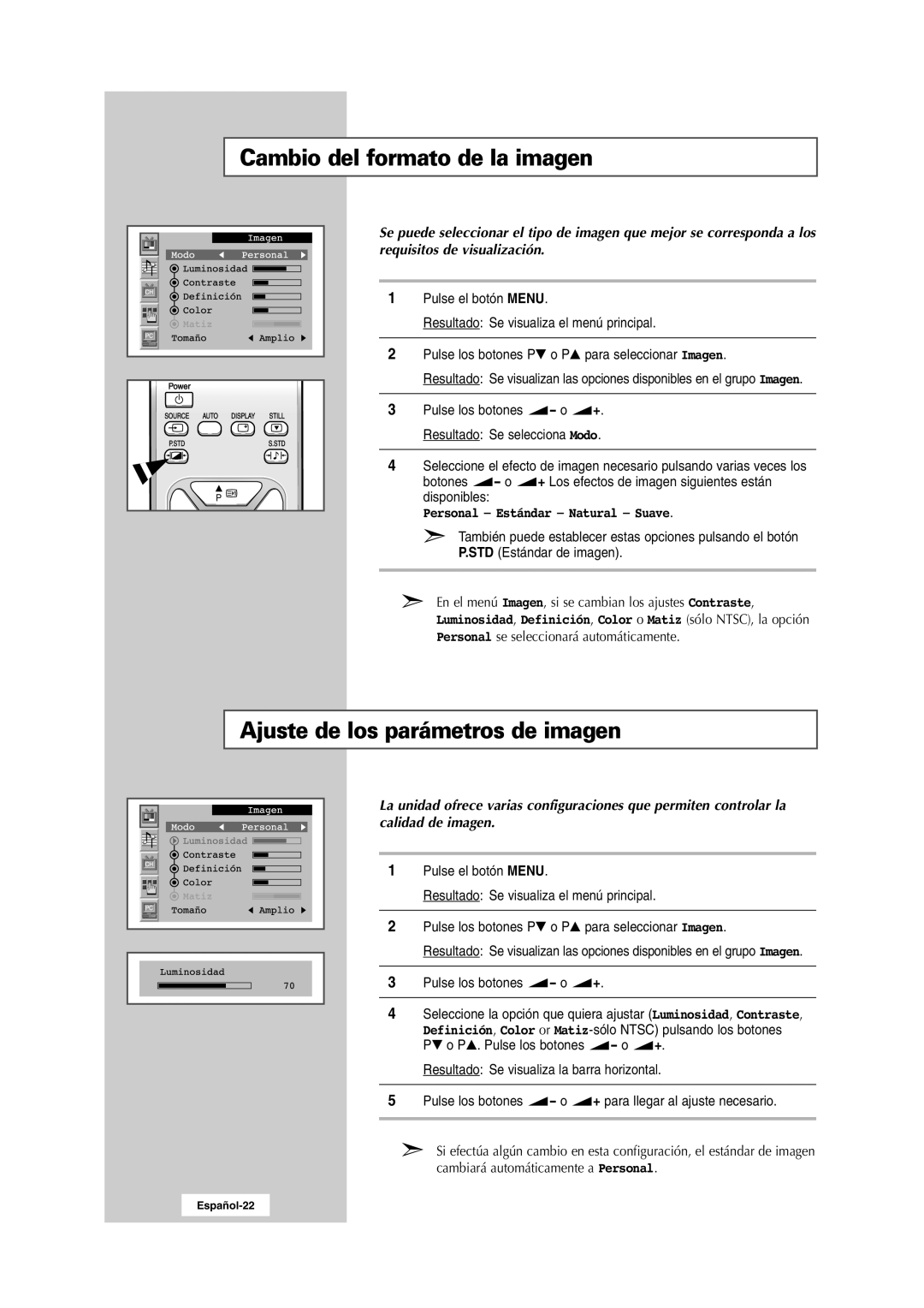 Samsung RS24ASSSW/EDC Cambio del formato de la imagen, Ajuste de los parámetros de imagen, Personal Estándar Natural Suave 