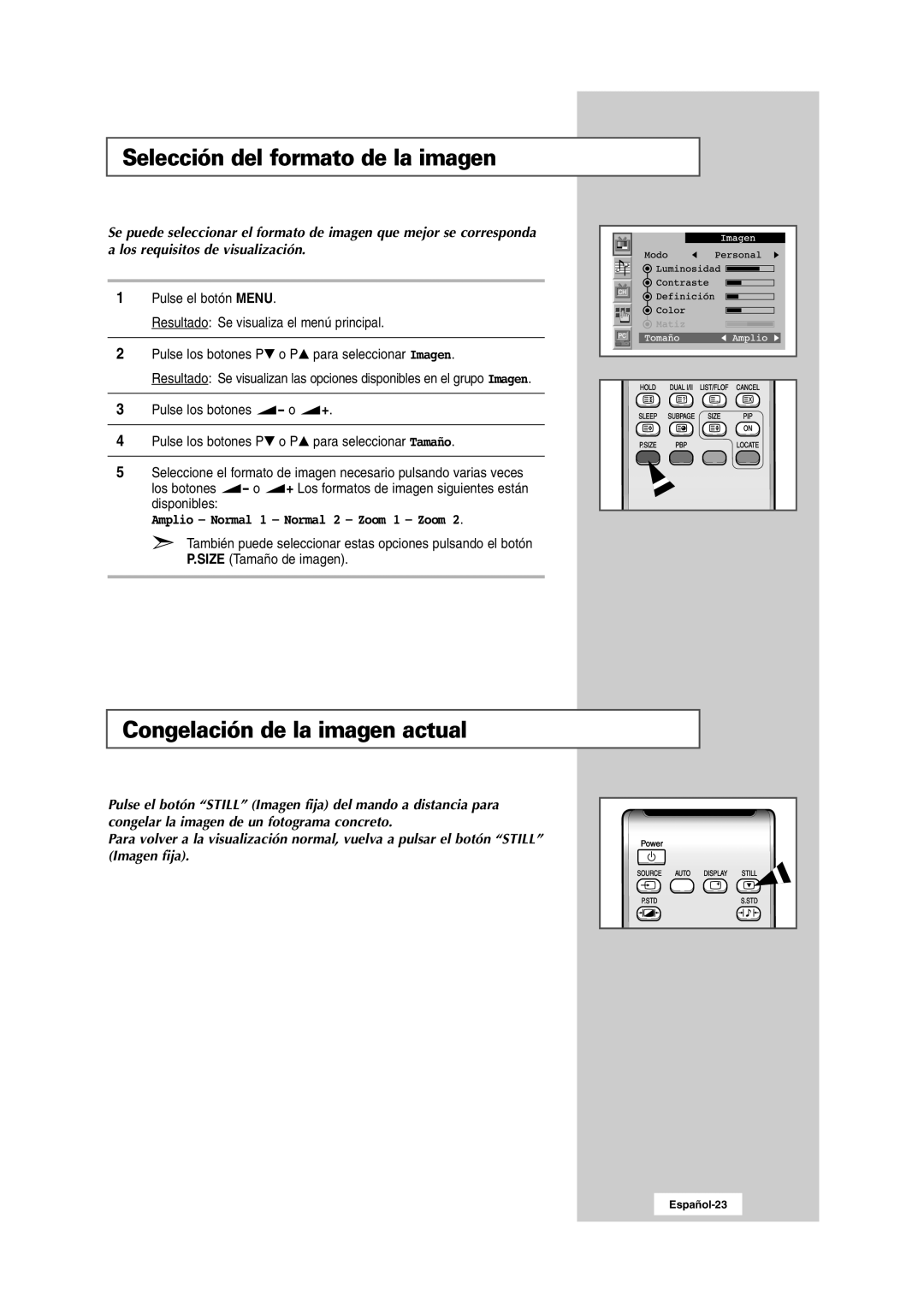 Samsung RS24ASSSW/EDC manual Selección del formato de la imagen, Congelación de la imagen actual 