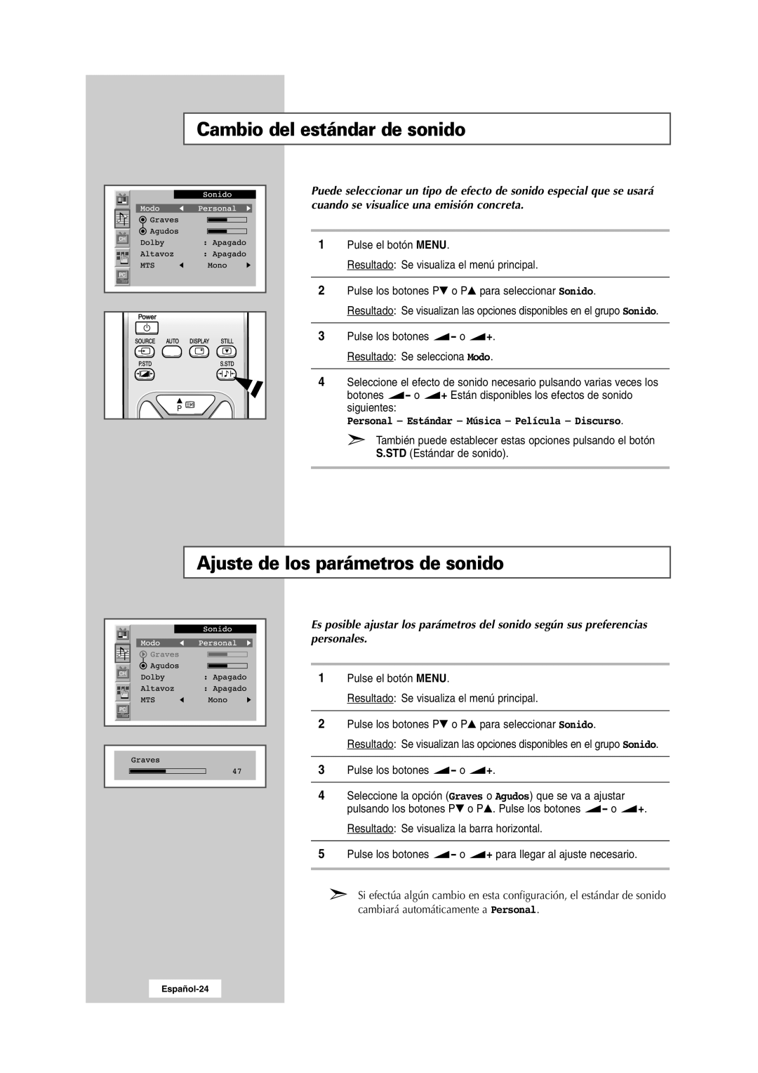 Samsung RS24ASSSW/EDC manual Cambio del estándar de sonido, Ajuste de los parámetros de sonido 