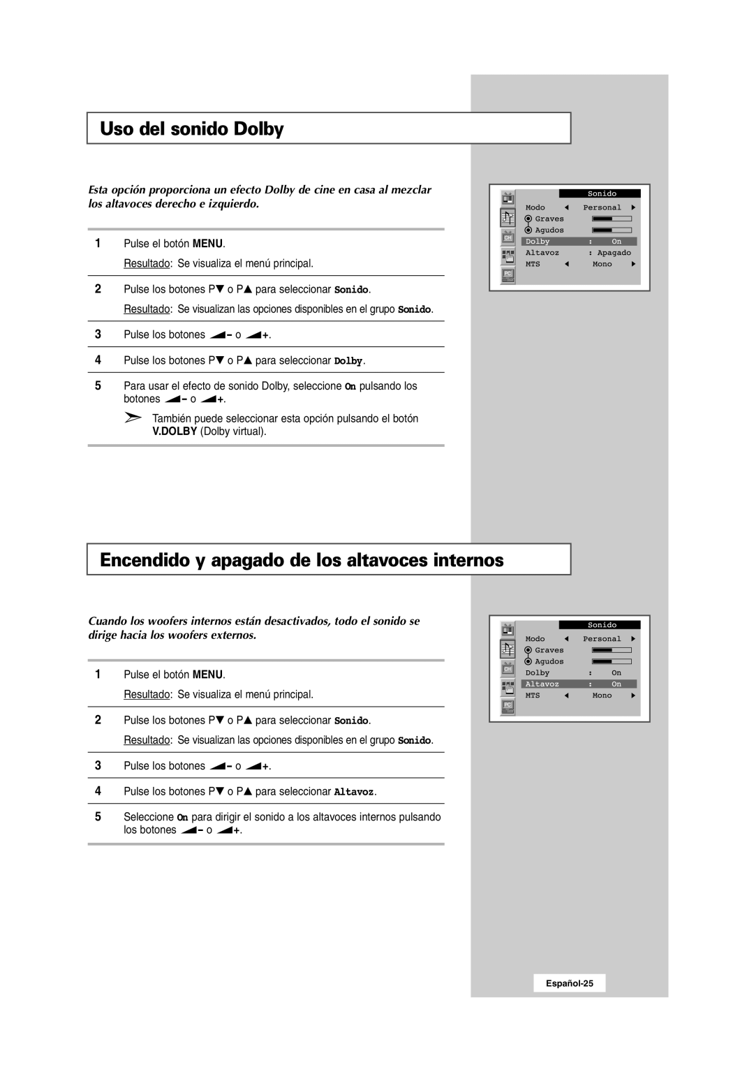 Samsung RS24ASSSW/EDC manual Uso del sonido Dolby, Encendido y apagado de los altavoces internos 