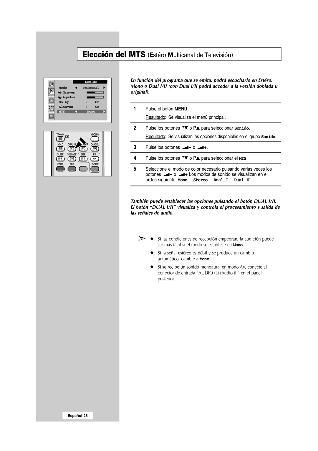 Samsung RS24ASSSW/EDC manual Elección del MTS Estéro Multicanal de Televisión 