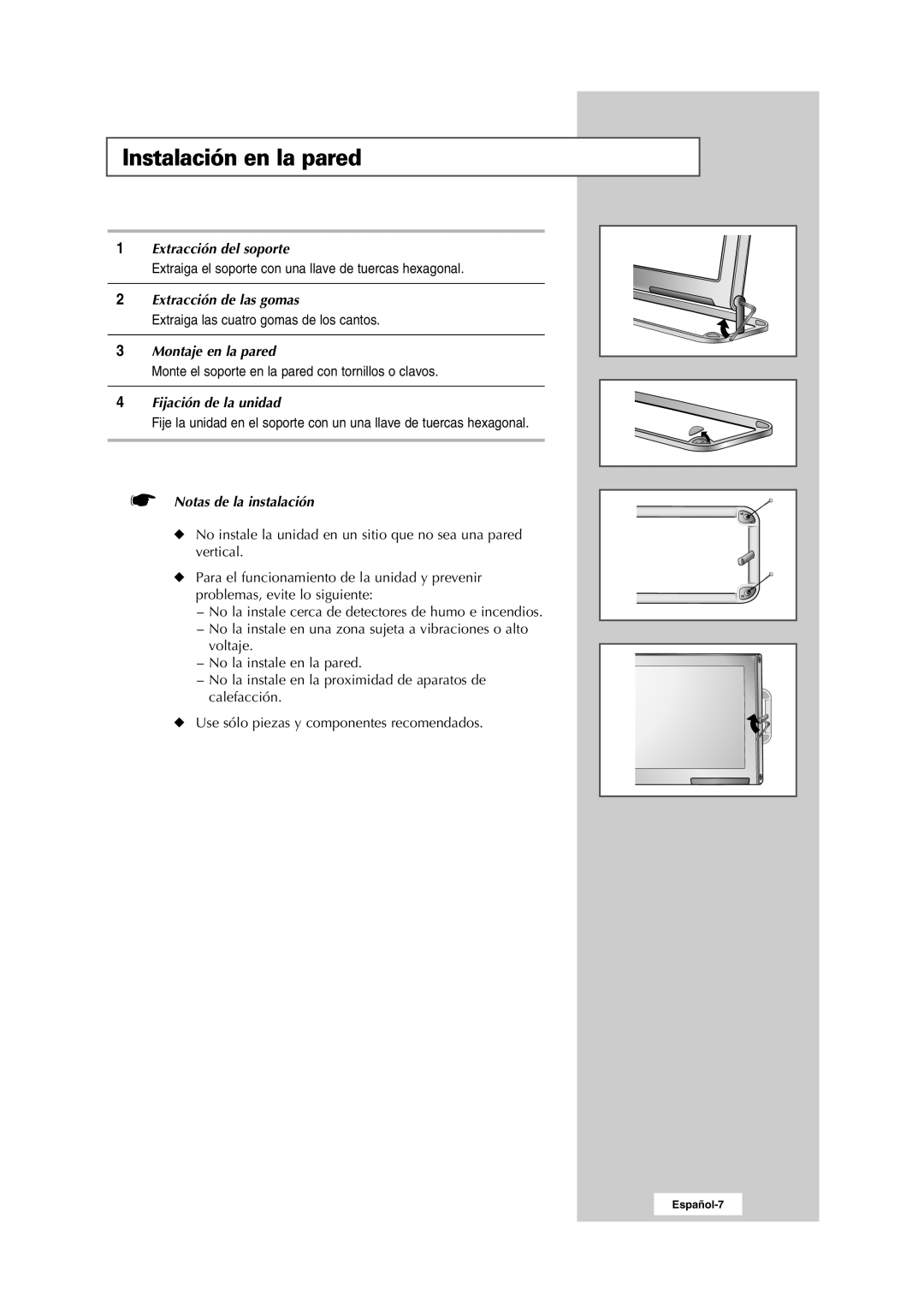 Samsung RS24ASSSW/EDC manual Instalación en la pared, Notas de la instalación 