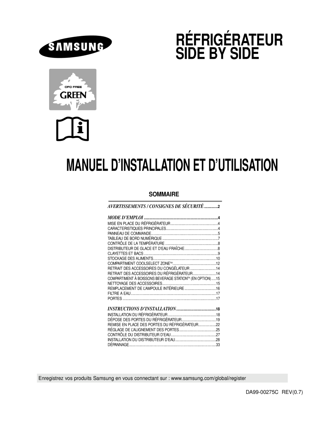 Samsung RS24KASW1/CAF manual Réfrigérateur Side by Side 